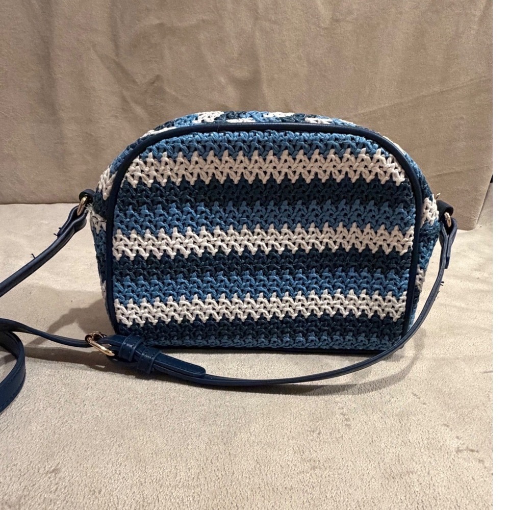 Blue Striped Woven Straw Crossbody Nautical Summer Vegan Cracker Barrel Purse